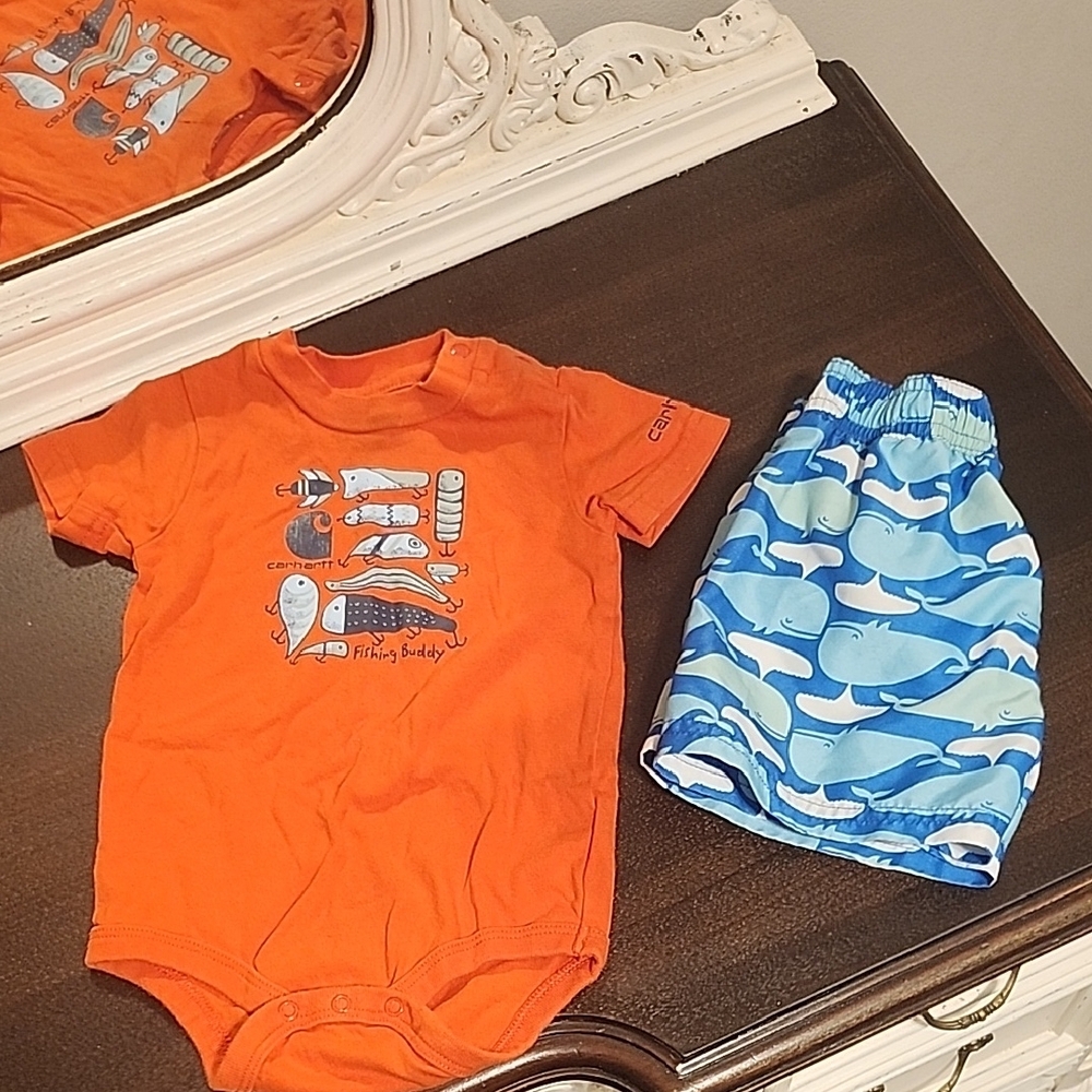 Carhartt 9 month Onesie And Swim Trunks